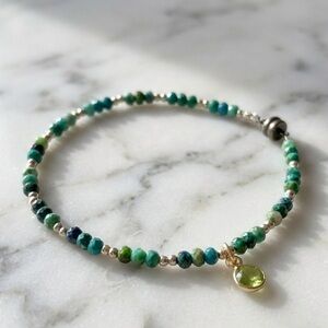 Dainty Gold Filled & Blue-Green Chalcedony Bracelet w/ Gold Plated Peridot Charm
